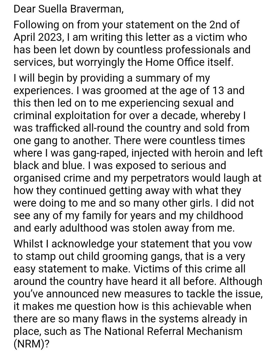 jessphillips's tweet photo. 🧵 I have been given permission from a victim of sexual exploitation to share parts of her letter to the Home Secretary. She waited 562 days for the Home Office to agree she was a victim and was offered no safe accommodation in the meantime or after. https://t.co/d7uzutPLEv