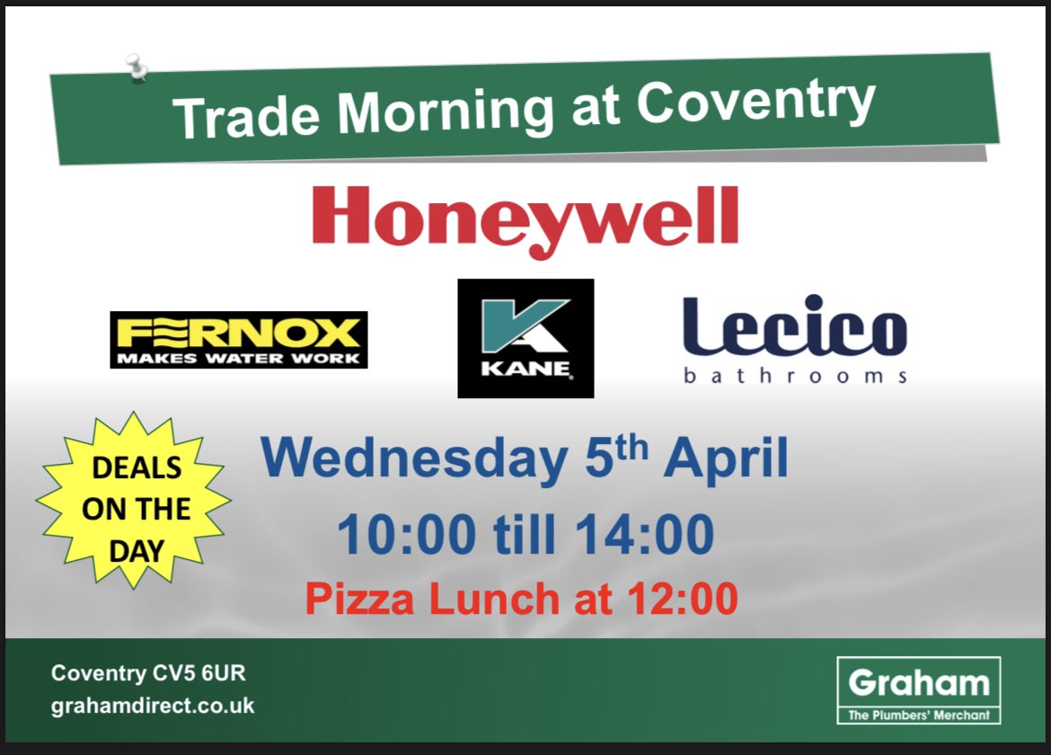 This Wednesday at Graham Plumbers' Merchant Coventry come in see us and grab a free lunch! Deals on the day.