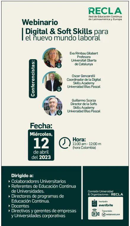 erimbau's tweet image. Webinar: Digital &amp;amp; Soft Skills para el nuevo mundo laboral 
Organizado por @RECLAorg
12 abril, 18-19h CEST
#DigitalSkills #SoftSkills 
buff.ly/40Sr3A8