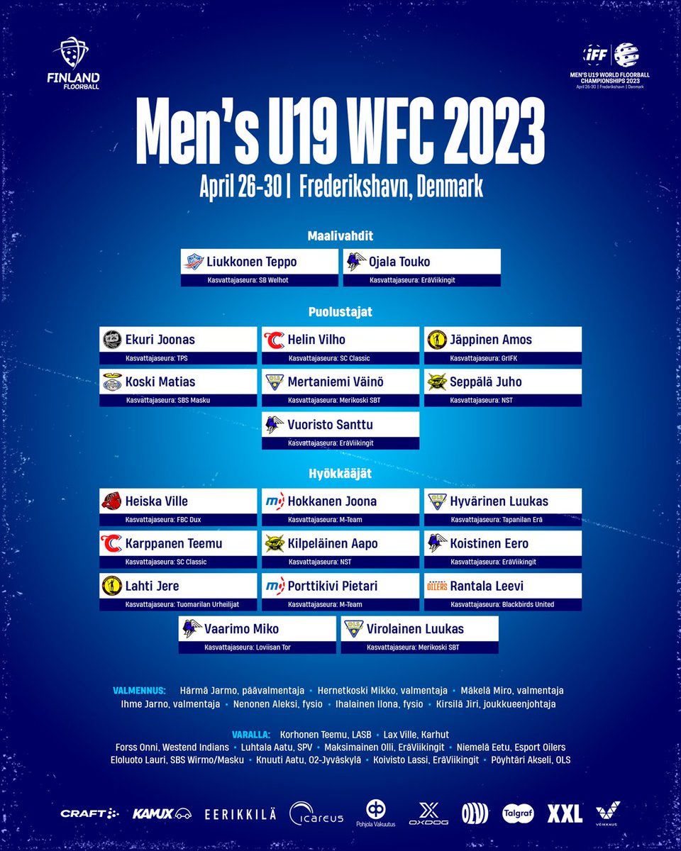 Suomen joukkue Tanskan Frederikshavnissa 26. – 30.4. pelattavaan U19-miesten MM-turnaukseen on valittu. Joukkueeseen nimettiin kaksi maalivahtia, seitsemän puolustajaa ja 11 hyökkääjää. bit.ly/3zoLSYe

#salibandy #maajoukkueet #u19