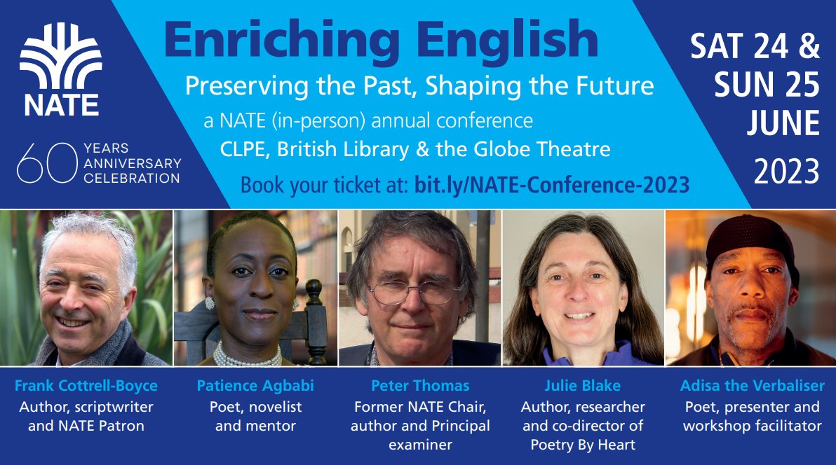 Thrilled to be one of the co-hosts for NATE's annual conference, Enriching English. 
nate.org.uk/product/enrich…

Book your place for inspiring CPD and literary treats from <a href="/BL_Learning/">British Library Learning</a>, <a href="/clpe1/">CLPE</a>, <a href="/The_Globe/">Shakespeare’s Globe</a> and <a href="/poetrybyheart/">Poetry By Heart</a>.  Saturday 24-Sunday 25 June.