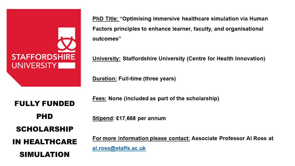 🚨FULLY FUNDED PHD SCHOLARSHIP IN HEALTHCARE SIMULATION @StaffsUni Details can be found here: research.bhamcommunity.nhs.uk/2023/04/03/ful…