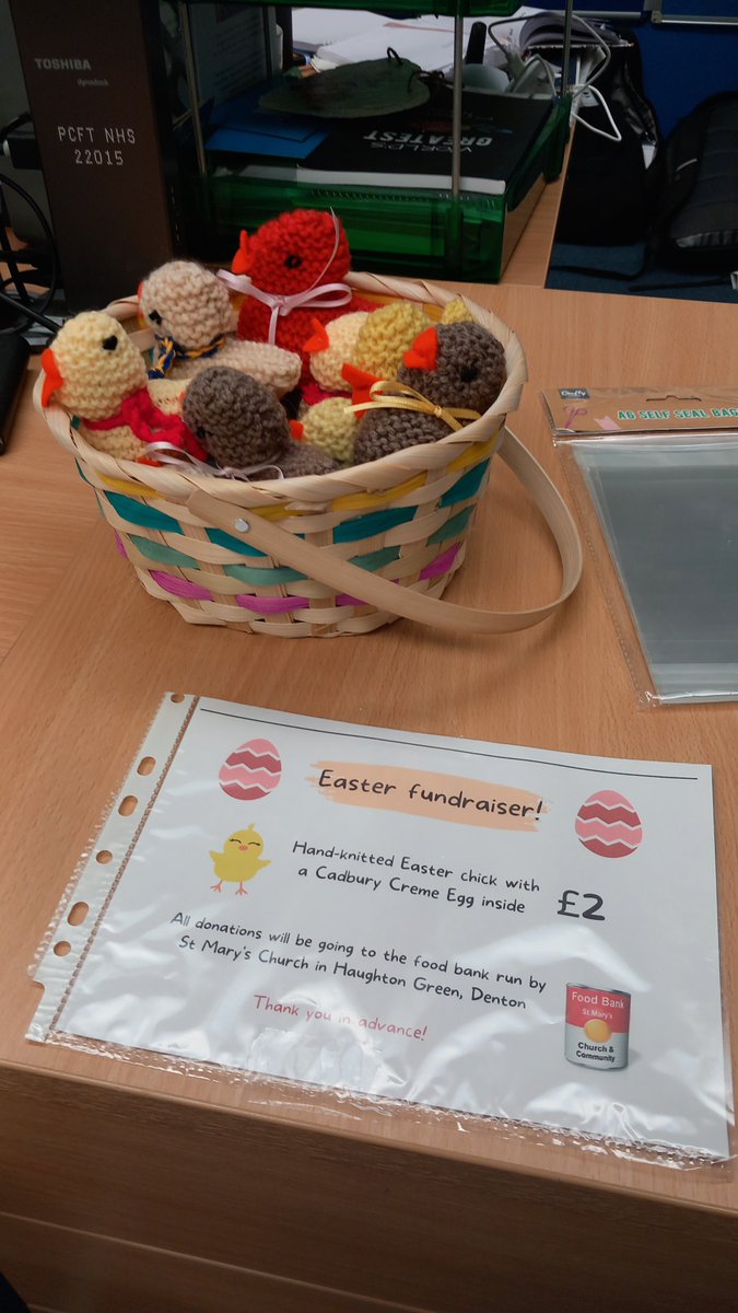 this week at Outram Road we're raising money for St Mary's food bank in Denton!

we have a raffle to win Peter Rabbit 🐰, we have some treats for a bake sale (more on the way this week)🍰, and we have some Easter chicks knitted by my grandma which house a Creme Egg! 🐣🍫