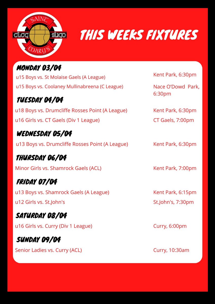 StMarysGAASligo's tweet photo. ❗️WEEKLY CLUB FIXTURES❗️
(Apr 3rd-9th) 

#stmarys https://t.co/5ZEdrf0QPh