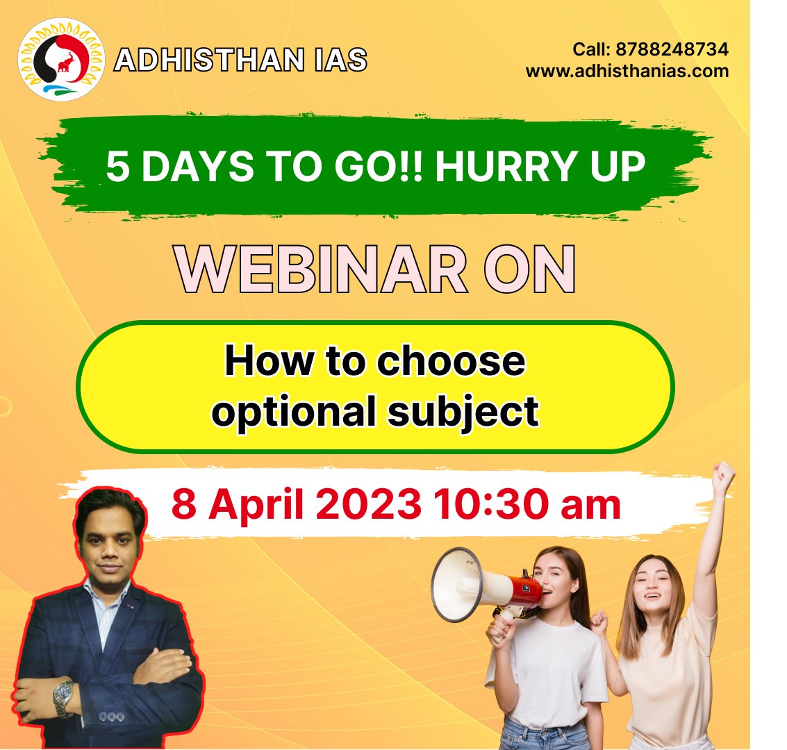 AdhisthanIAS's tweet photo. 📷 Reminder Announcement 📷

Adhisthan IAS is presenting a free webinar on April 8th, 2023, at 10:30AM on the topic "How to choose optional subject for UPSC."

Hurry up! Only 5 Days to go! 

#AdhisthanIAS #UPSCExam #Webinar #OptionalSubject #StudyTips #SuccessTips #devrajverma https://t.co/f3RzSE1qmm