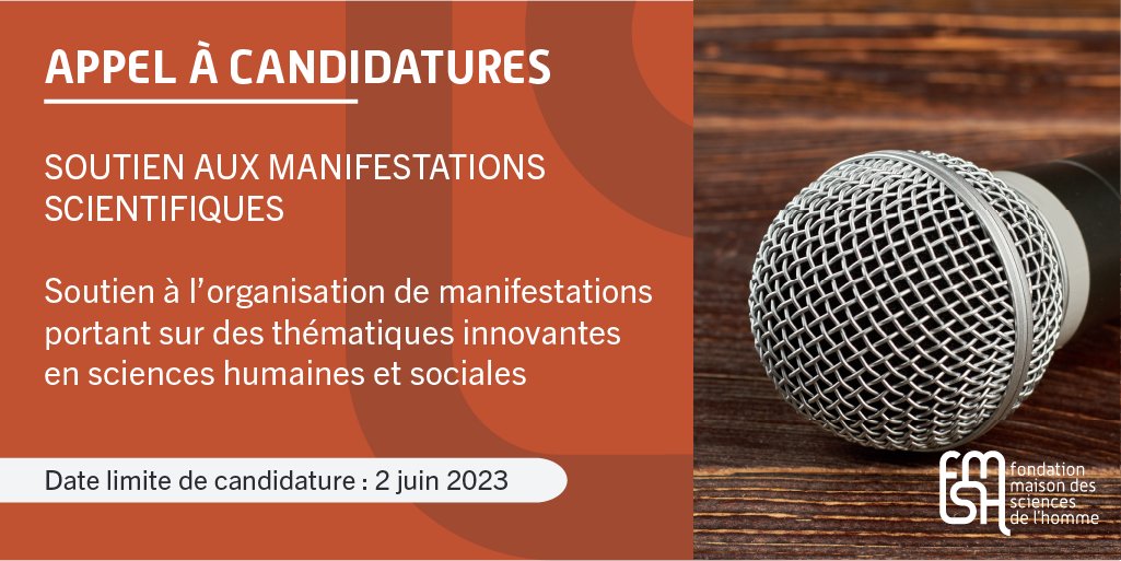 FondationMSH's tweet photo. 🔊 APPEL À CANDIDATURES
La FMSH soutient l'organisation de #colloques, journées d’études et #workshops internationaux sur des thématiques innovantes en #SHS, en finançant l'invitation de chercheurs étrangers.
🗓️ Date limite : 2 juin 
ℹ️ Découvrir l'appel : https://t.co/FaOcnhwRWs https://t.co/TfGOMeot6Q