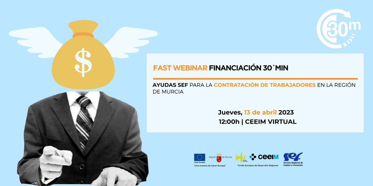 #Empresas y #Autónomos de la Región de Murcia ¡Esto os interesa! 🤑⬇️
📢Jueves 13/4 12:00h online hablaremos con el <a href="/sef_carm/">SEF</a> sobre las AYUDAS que ofrece para la contratación de nuevos trabajadores. 
SUBVENCIÓN entre 6.000€ a 8.500€ trabajador/año. 
ceeim.es/es/eventos/fas…