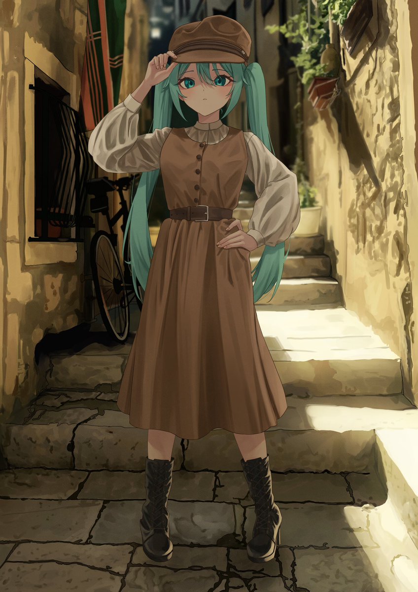 hatsune miku 1girl solo hat dress long hair twintails hand on hip  illustration images