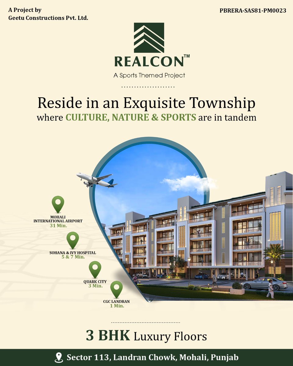 Unlock Limitless Possibilities with our #PremiumVicinity.
Dwell in in the Most Active and Connected 
#ResidentialAddress where Culture, Nature & Sports Merge to form the Most Acessible #LuxuryTownship at #REALCONMOHALI
📞+91 91059 91059
#3BHKFloors #DreamHome #Mohali #BookNow