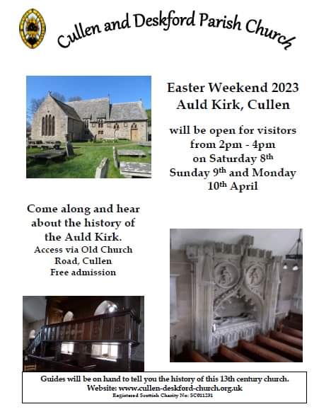 discovercullen's tweet photo. We are really pleased to share the news that the Auld Kirk at Cullen will be open to visitors this Saturday, Sunday and Monday from 2pm - 4pm.
Volunteer guides will be on duty to give a history of this 12th century building.
Free admission.
#auldkirk #Kirk #Church #Easter2023 https://t.co/xOeCMJ72Ia