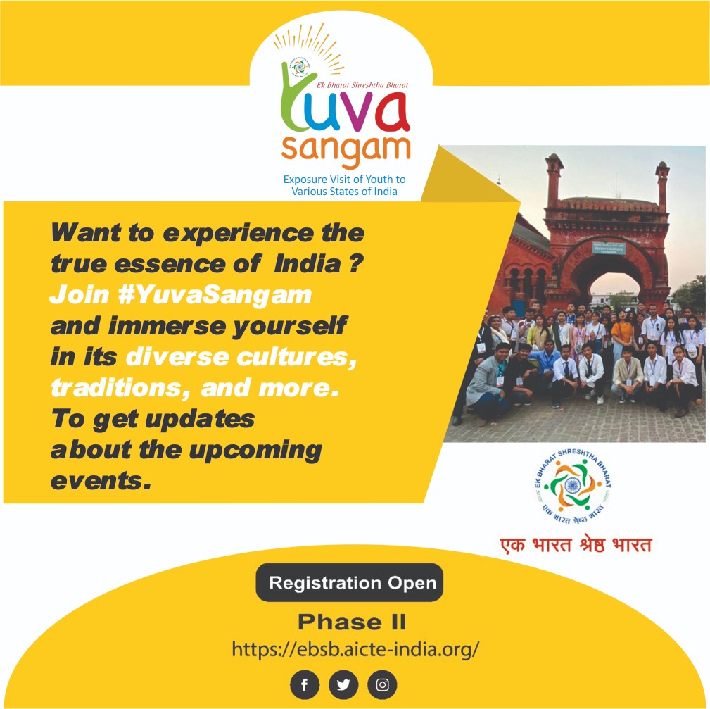 AICTE_INDIA's tweet photo. Inviting youths to register for #yuvasangam. Get a chance to explore the beauty of India's traditions, development and people-to-people connections. Register now- https://t.co/1xcdH8Zp8A
#EkBharatShreshtaBharat https://t.co/z3JYwA6OkK