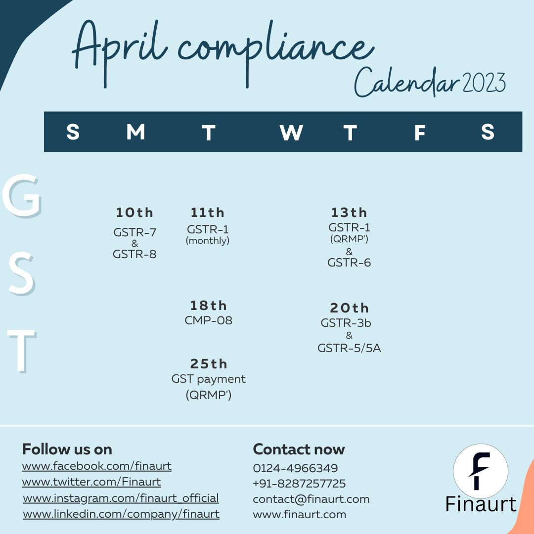 finaurt's tweet photo. Never miss any deadline again, stay on top of your tax filing game with our compliance calendar. #taxfiling   #compliancegoals #gstindia #taxeseason #compliancecalender #taxes https://t.co/kT3kHpVAMn