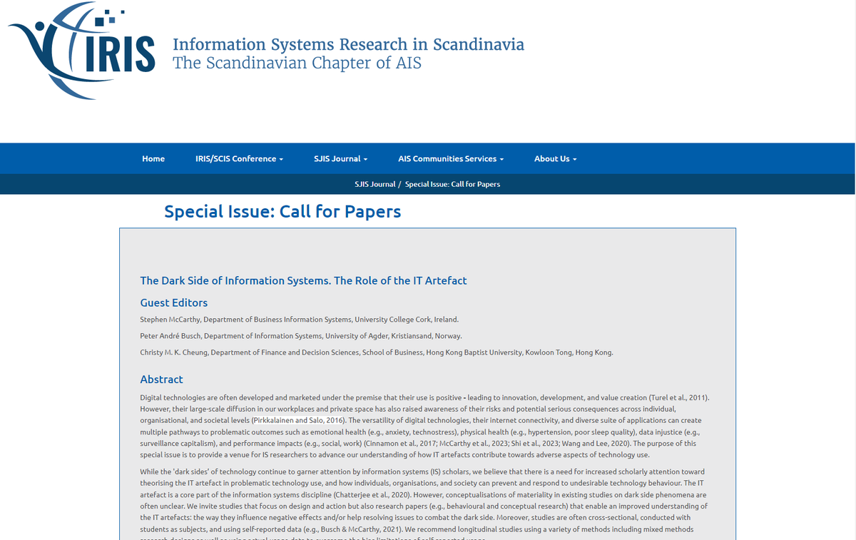 Submissions welcome for our special issue in the Scandinavian Journal of Information Systems: "The #DarkSide of Information Systems. The Role of the IT Artefact" #problematicITuse, #design, #ChatGPT, #deepfakes #technostress #dataprivacy Due Oct. 15th 2023 communities.aisnet.org/scandinavia/sj…