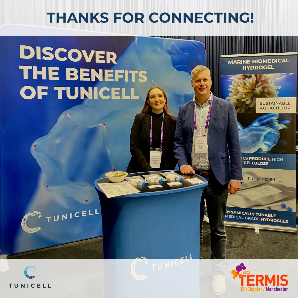 OceanTuniCell's tweet photo. A big thanks to everyone who stopped by our booth during the #TermisEU2023  conference to connect with us! We had a blast talking to you about all the fascinating research happening in the field of tissue engineering 🧑‍🔬 @TermisEU2023 @EuTermis #tissueengineering #biomaterials https://t.co/gEL8vCn8qF