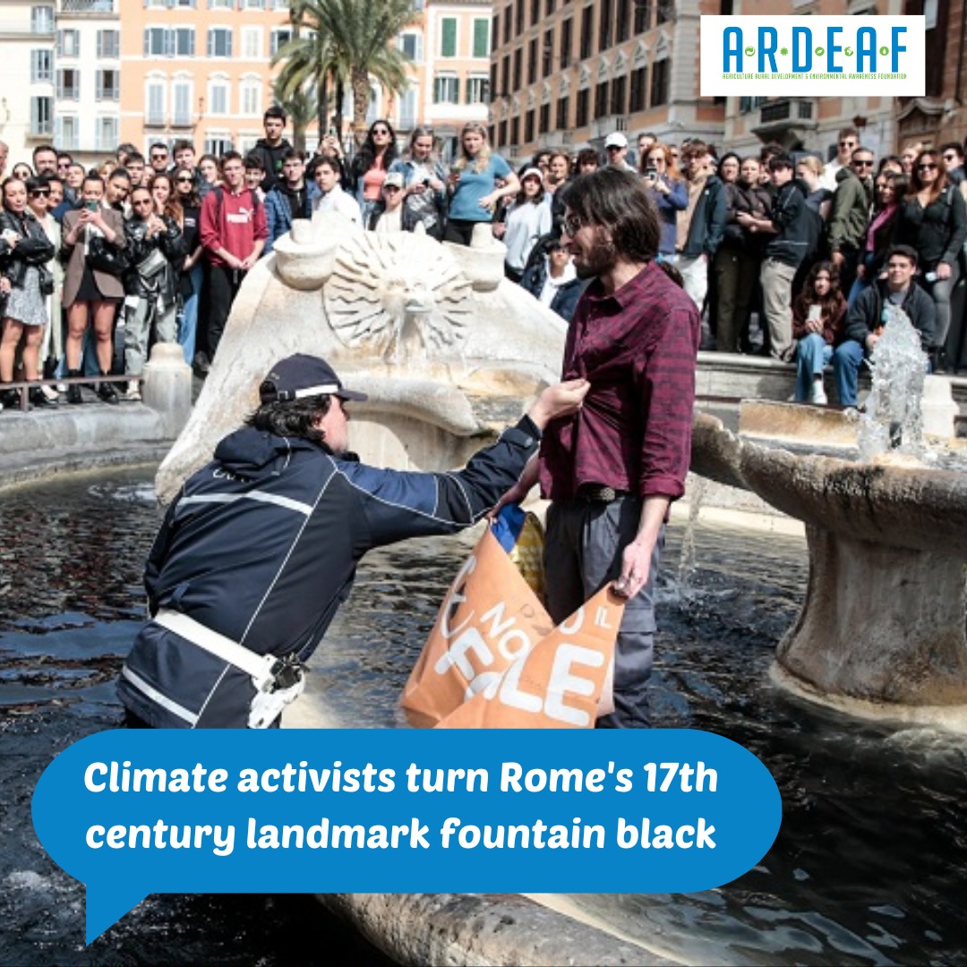 ARuDEAF's tweet photo. Three activists from the anti-climate change organisation Last Generation poured a vegetable-based carbon liquid into the landmark 17th-century fountain, known to Romans as La Barcaccia, before being escorted away by police. 
#11DaysForEarthsHealing #11DFEH #ARDEAF #climatechange https://t.co/62d6QnjUMG