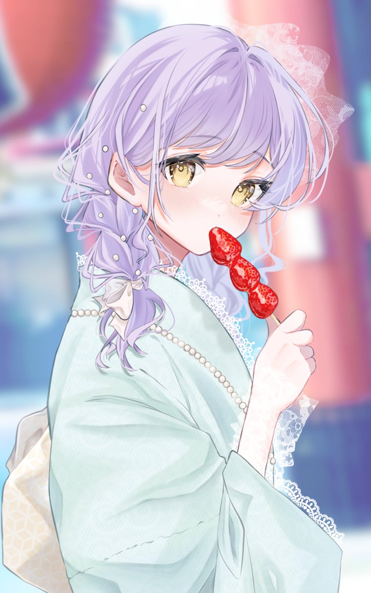 1girl solo japanese clothes food kimono purple hair looking at viewer  illustration images