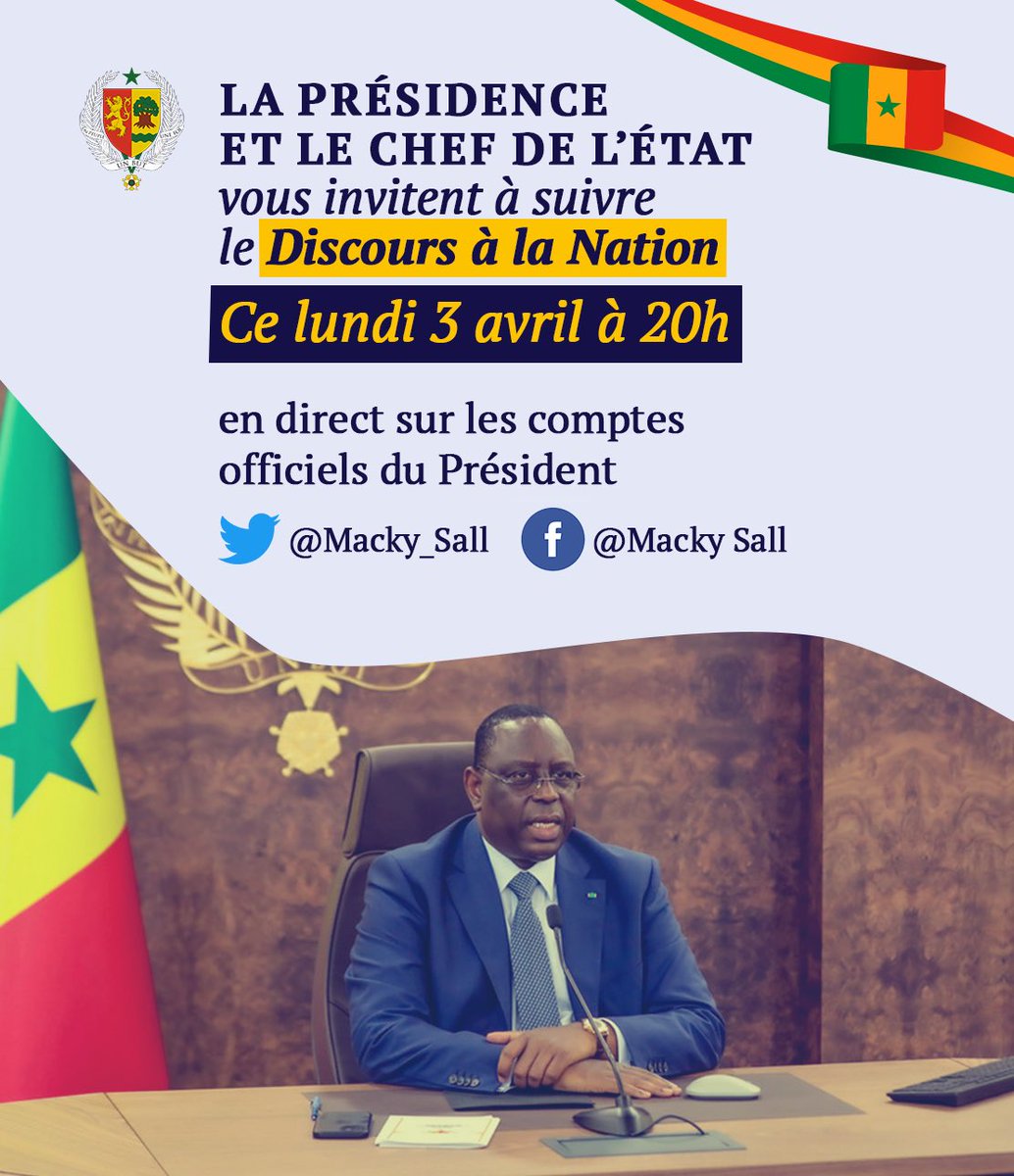 À l'occasion de la célébration de la fête de l'indépendance, retrouvez le message du Président <a href="/Macky_Sall/">Macky Sall</a>, ce 3 avril 2023 à 20h GMT, sur les comptes Facebook et Twitter du Chef de l’État Macky Sall. 
#MessageIndépendanceSn
