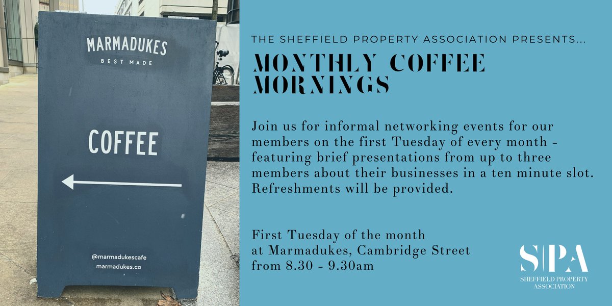 SheffPA's tweet photo. Our S-PA Monthly Coffee Mornings are held on the first Tuesday of every month, so you can drop by for a coffee and learn more about one another. Join us for the next one tomorrow at Marmadukes on Cambridge Street from 8.30am. https://t.co/q4EMLdwoov