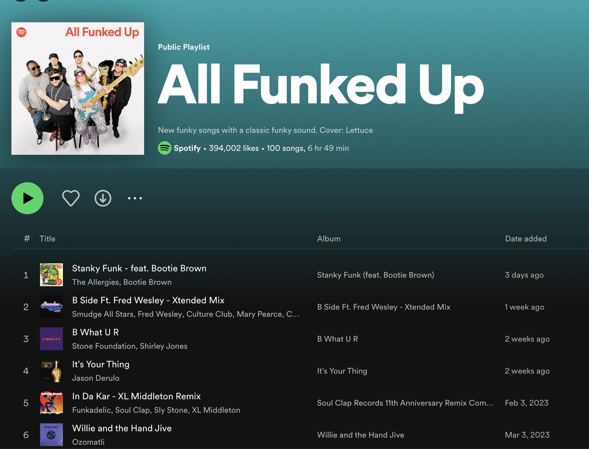 Top of the tree on Spotify's mega 'All Funked Up' playlist with STANKY FUNK feat. <a href="/bootiebrownOG/">Bootie Brown</a>. Keeping great company with <a href="/ozomatli/">Ozomatli</a> @jzonedonttweet #FredWesley <a href="/NewMastersounds/">The New Mastersounds</a> and more on the list, too #allfunkedup open.spotify.com/playlist/37i9d…