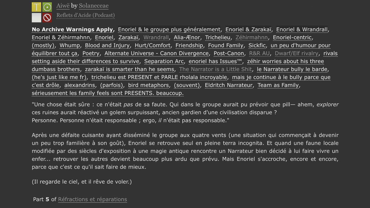 Solaneceae's tweet photo. *pouf !*
ma nouvelle fic sur #refletsdacide, "Aiwë", est terminée. et cette fois, c'est au tour d'Enoriel d'être au centre ! :) 17 chapitres, ~47k mots, beau bébé.
tag @jbxrda j'espère que je soule pas à force avec mes divagations (vagations)
Lien & crédits en dessous ⤵️⤵️⤵️ https://t.co/meyHZyQGHz