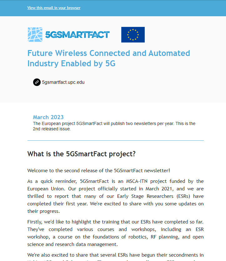 itn5gsmartfact's tweet photo. 🚀 The 2nd update from the 5GSmartFact project is out: https://t.co/Ra5OHkKxU4
Our ESRs made progress in training, started real-world projects, and published their work in conferences. Stay tuned for more! 
#5GSmartFact #research #EUfunding https://t.co/40ogmDaHED