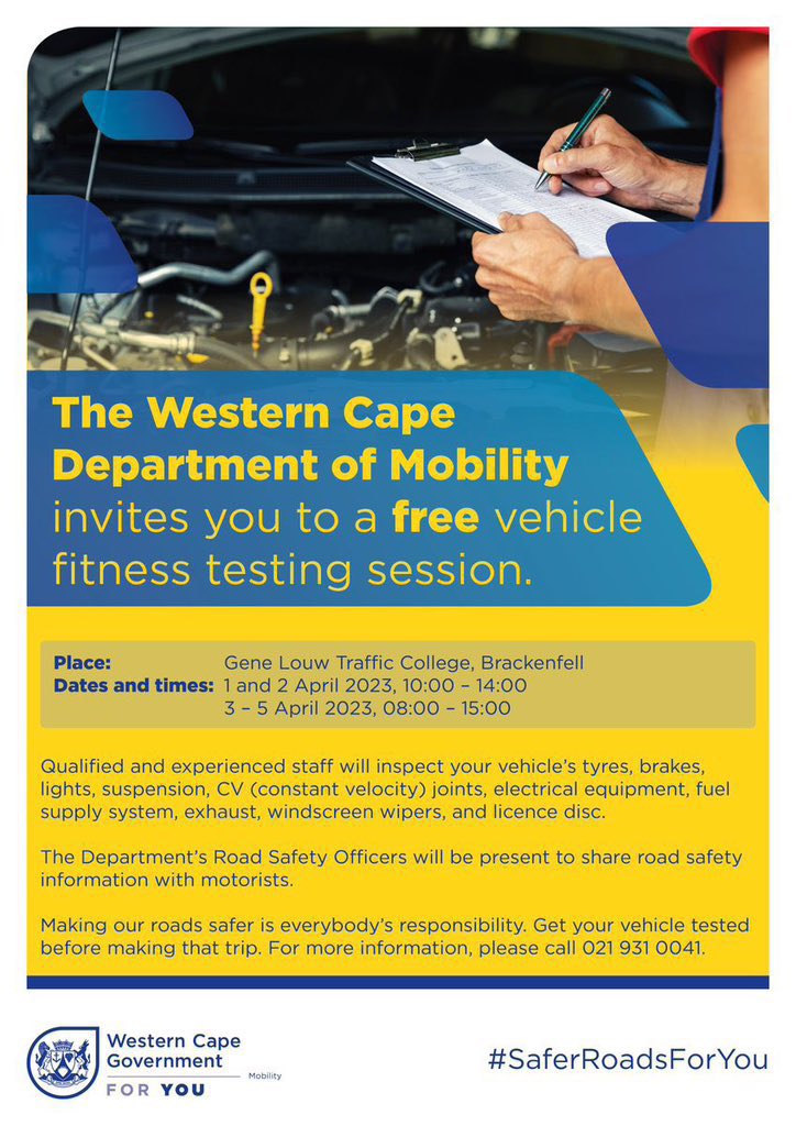 ricardomackenzi's tweet photo. Today @WCGovTPW launching our @WesternCapeGov Easter Road Safety Plan with our traffic services and mobility partners.
We working to #improvemobility For YOU!
Please come and check your vehicle for
FREE at our Gene Louw Traffic College. https://t.co/R5oNxP2CZs