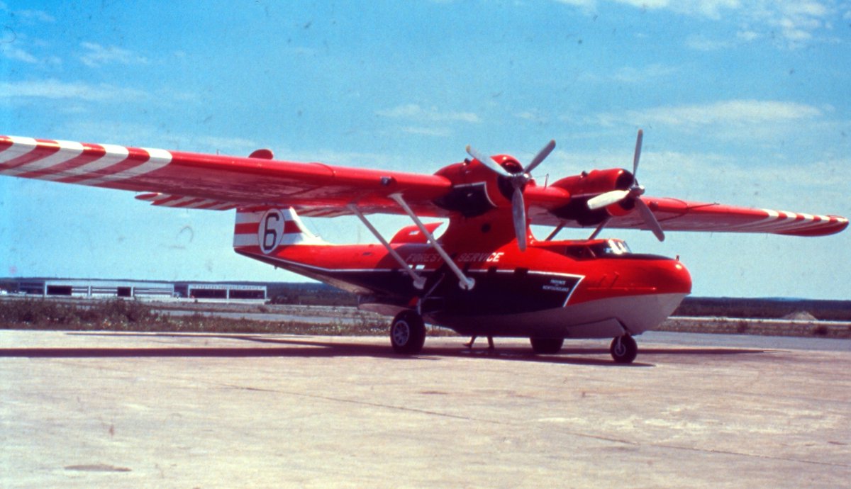 PBY Canso at Gander c. 1967, converted into a water bomber,  provided forest fire protection in NL. The water bomber fleet is stationed & maintained out of Gander.  The Cansos were later replaced by the  Canadair CL215 & CL415. 🇺🇦
