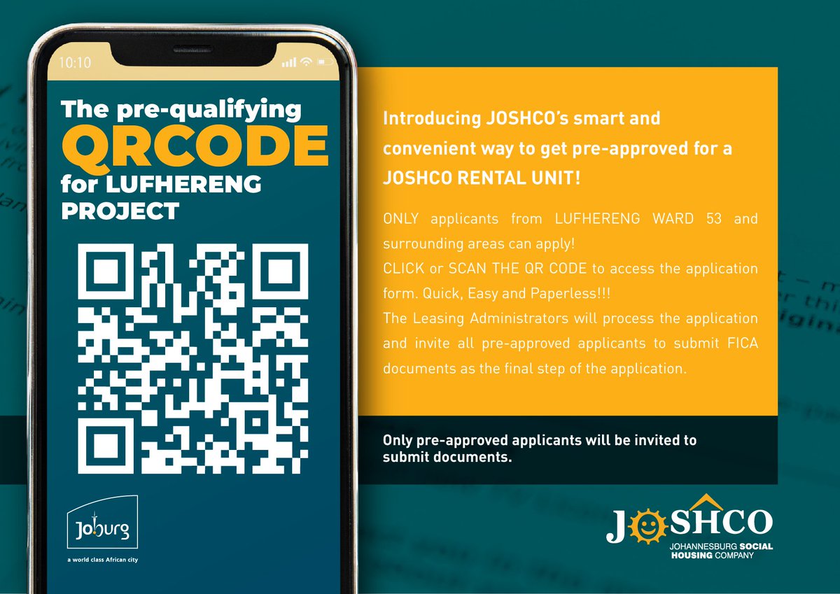 myjoshco's tweet photo. Applications are NOW open for our LUFHERENG SOCIAL HOUSING PROJECT 📢📣
Applications will close on Thursday, 06 April 2023 at 12:00PM.
Scan the QR Code or follow the link https://t.co/SDMQsW8EMm

Applications are FREE!!
#JOSHCOCares #DontJumpTheQueue
@CityofJoburgZA @CoJDoHS https://t.co/QNQ7BAwOkl