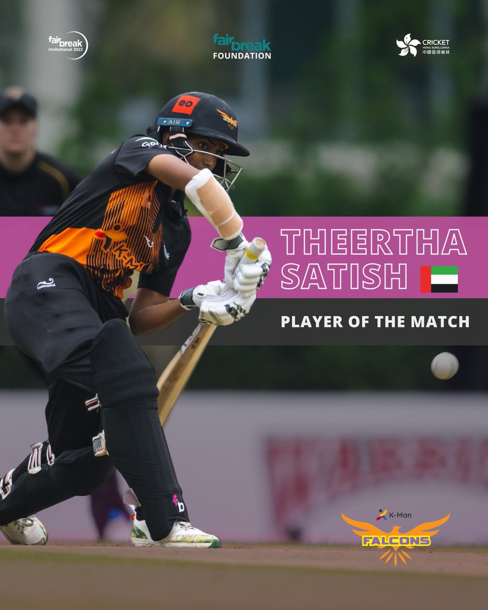 fairbreakglobal's tweet photo. Presenting the FairBreak Foundation Player of the Match for match one of the Gencor #FBI23 - Theertha Satish 🇦🇪
Satish scored 57 (40) to help the @kmanventures Falcons to a 41 run victory over the Tornadoes 🌪
#CricketTwitter #FalconsFlutter https://t.co/mZeANiKGEa