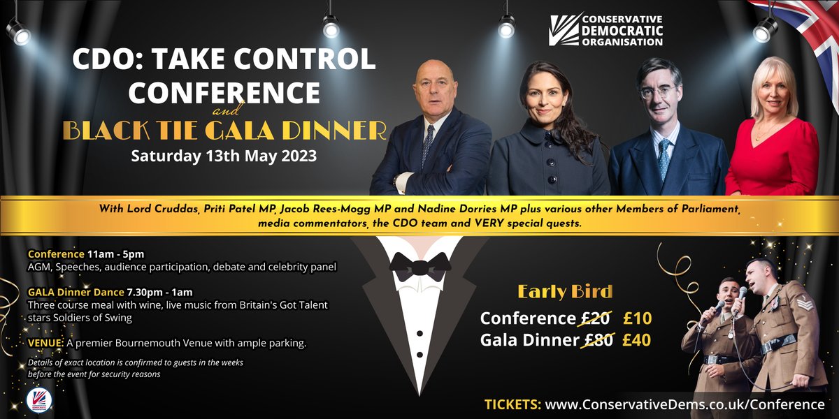 ConsPost's tweet image. HAVE YOU booked your tickets yet? 

Join Priti Patel, Jacob Rees-Mogg, Lord Cruddas, Lord Greenhalgh, Nadine Dorries and a host of other MPs and special guests on the 13th May in Bournemouth. It's time to get our party back on track. 

Tickets: ConservativeDems.co.uk/conference