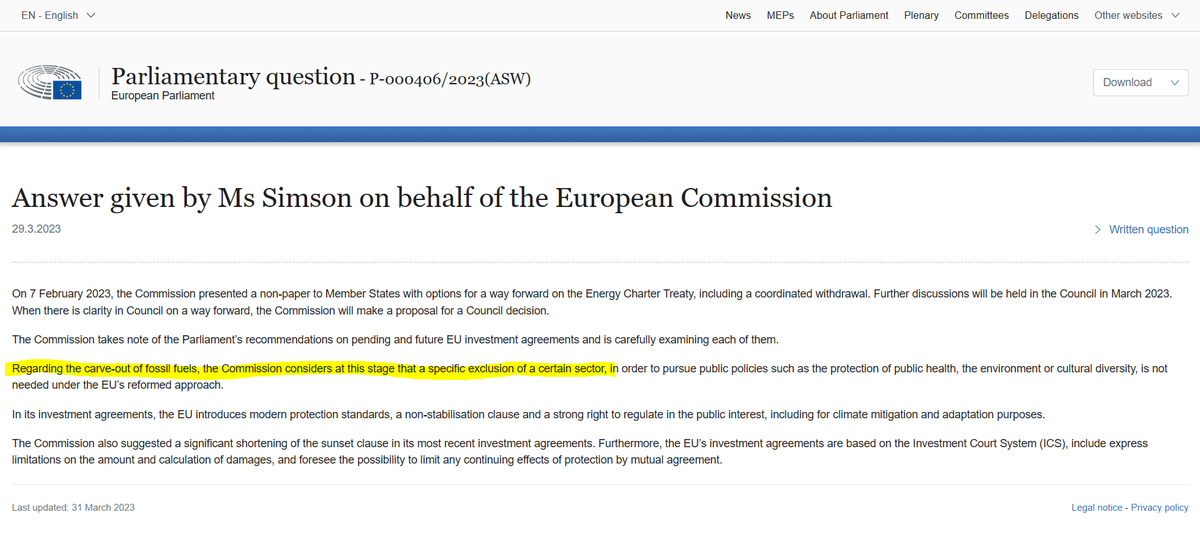 Mathilde_Dupre_'s tweet photo. 🚨 Questioned by MEPs on the #ECT and investment protection policy, the #Energy Commissioner @KadriSimson  replied that the @EU_Commission  unlike the @Europarl_EN does not see the need to put an end to the protection of fossil investments  😰😰
#ExitECT #Endfossilprotection https://t.co/frY7lW4Tzp