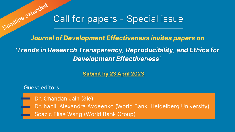 3ieNews's tweet photo. 📢Deadline extended! Our special @tandfonline #JDeff issue will contribute to understanding how principles and practices in #research #transparency, #reproducibility, and #ethics affect international development effectiveness

👉🏾Call for papers: https://t.co/eTXjYRLYOi https://t.co/5H9Wo01Q67