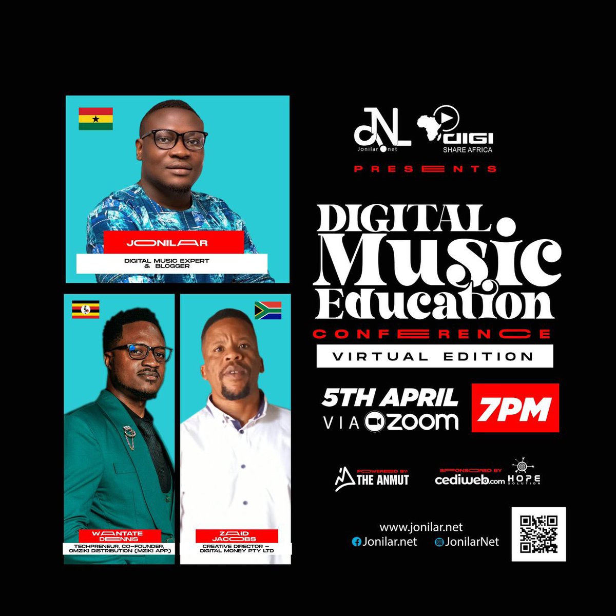 On Wednesday 5th April,2023 at exactly 7pm. There’s going to be a DIGITAL MUSIC CONFERENCE - zoom. 

You can join via the link here —->  bit.ly/3KiBdEX

@JonilarNet @DmeSeries @DigishareAfrica 

#DigitalMusicEducation #MusicConference #DigitalMarketing #Jonilar #Ghana