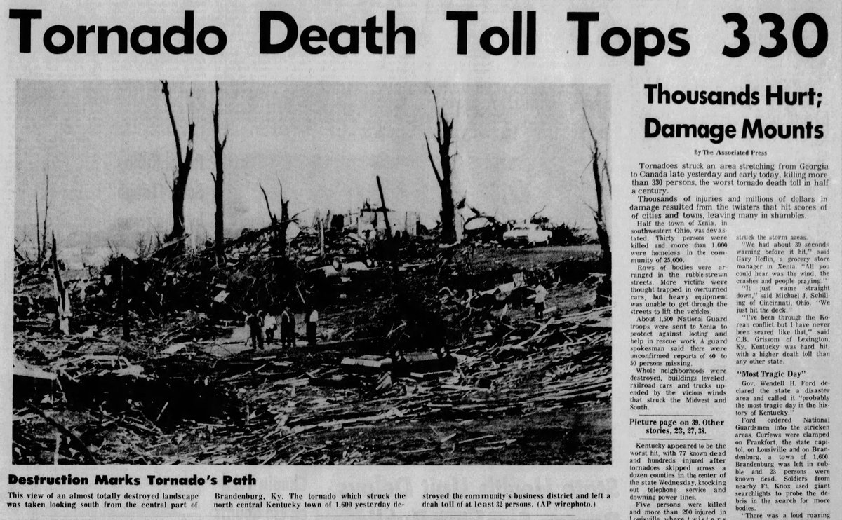 weather_history's tweet photo. April 3-4, 1974:

The original Super Outbreak pummeled the Eastern US with 148 tornadoes in 24 hours. An astonishing 30 tornadoes were violent, a record 7 of which were rated F5. Many large cities sustained direct hits. Over 300 people were killed &amp; 5.4k were injured.

#wxhistory https://t.co/EGaejE72cA
