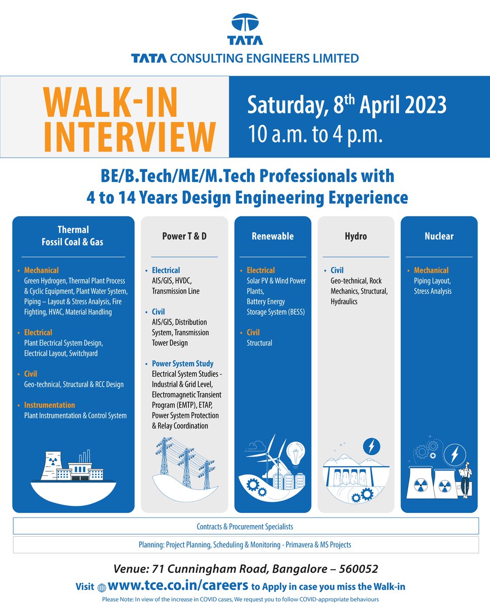 TCEConnect's tweet photo. #walkininterview #joinourteam #hiringnow #tceconnect

Tata Consulting Engineers Limited (#TCE) invites #engineers with 4 to 14 years experience in the #Power #Sector to participate in our #walkindrive on 8th April 2023 in #bengaluru https://t.co/cGzf473cDP