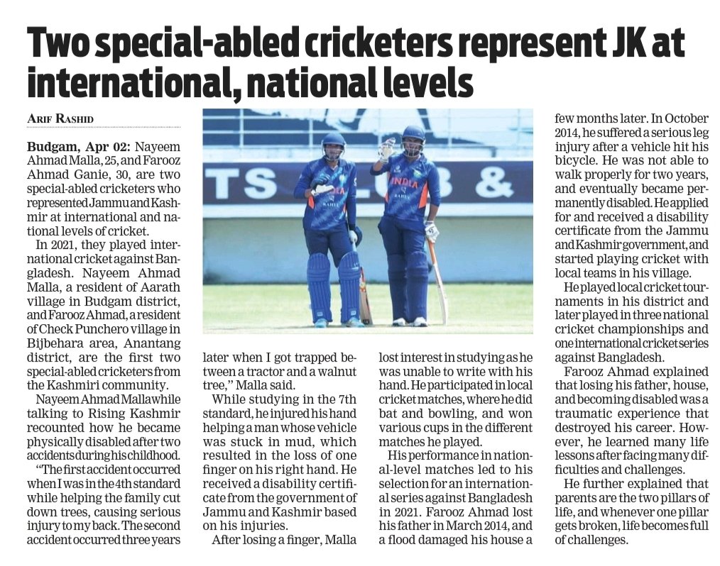 Arifrashid0's tweet image. #Two #special #abled #cricketers represent #JK at #international, #national #levels of #cricket

@JKSportsCouncil  @manojsinha_ 

risingkashmir.com/two-special-ab…