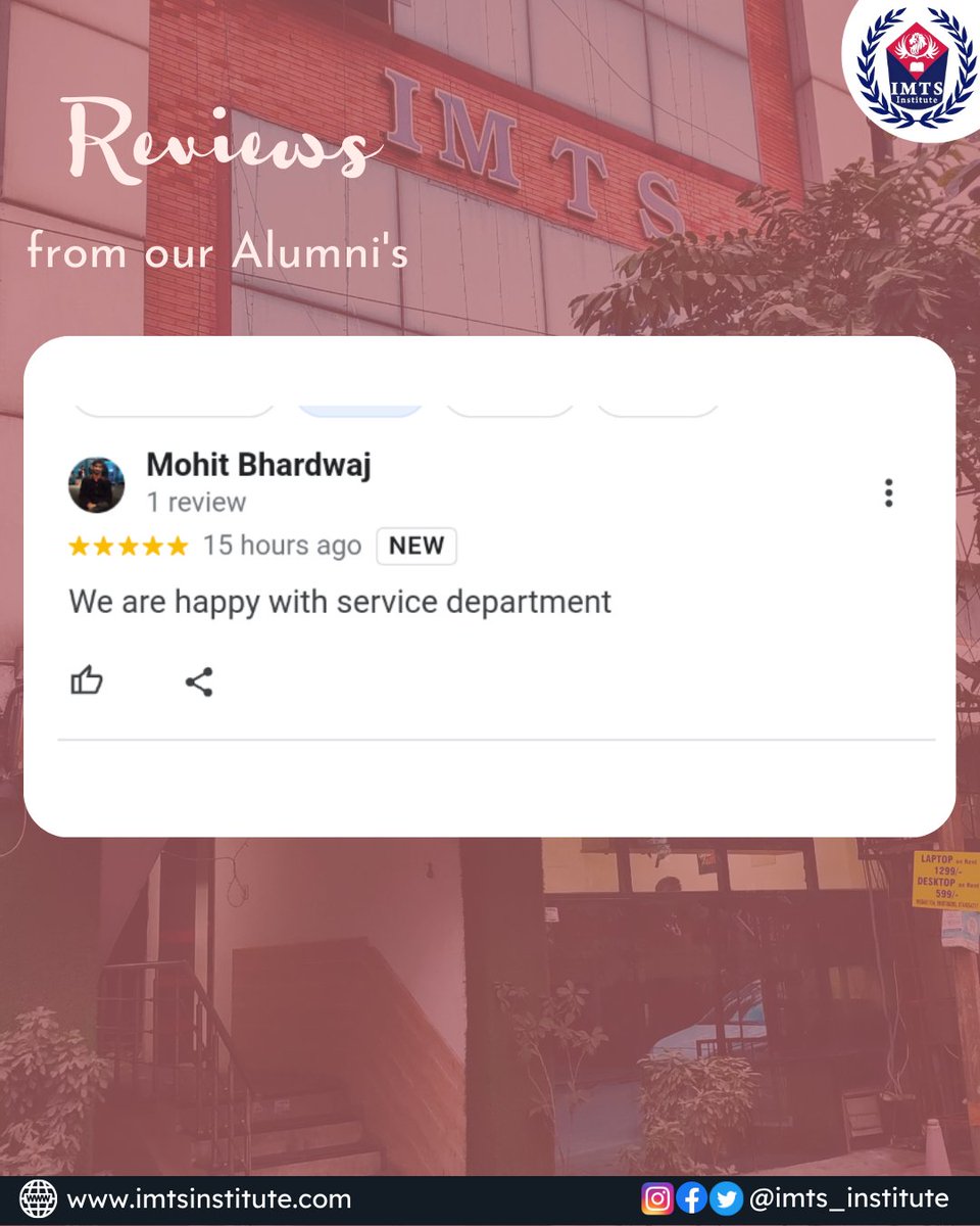 IMTSINSTITUTE's tweet photo. Review from our one of Alumni on Google, Website link in Bio-
Follow us for more- @IMTSINSTITUTE
#Testimonial #Review #Feedback #serviceFeedback #Studentsreviews #GoogleReview #IMTSreview #onlineLearningPlatform #DistanceEducation #IMTSInstitute #IMTSNoida https://t.co/t8RNHaNNkR