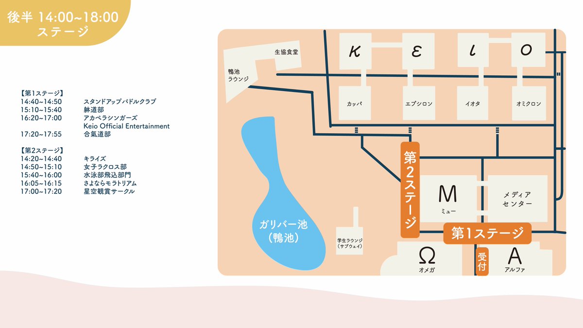 SFC_Welcomer's tweet photo. 【本日は対面新歓！】
κ,ε,ι,ο館の各教室や鴨池での新歓、ステージでのパフォーマンスが行われます☀️🦆

後半14:00~18:00のマップはこちらをご参照ください！

何かありましたら、受付or［全塾協議会］の腕章をつけているスタッフまでお声がけください💁‍♀️

#SFC #SFC23  #慶應新歓2023  #春からSFC https://t.co/dsSDjHRnhy