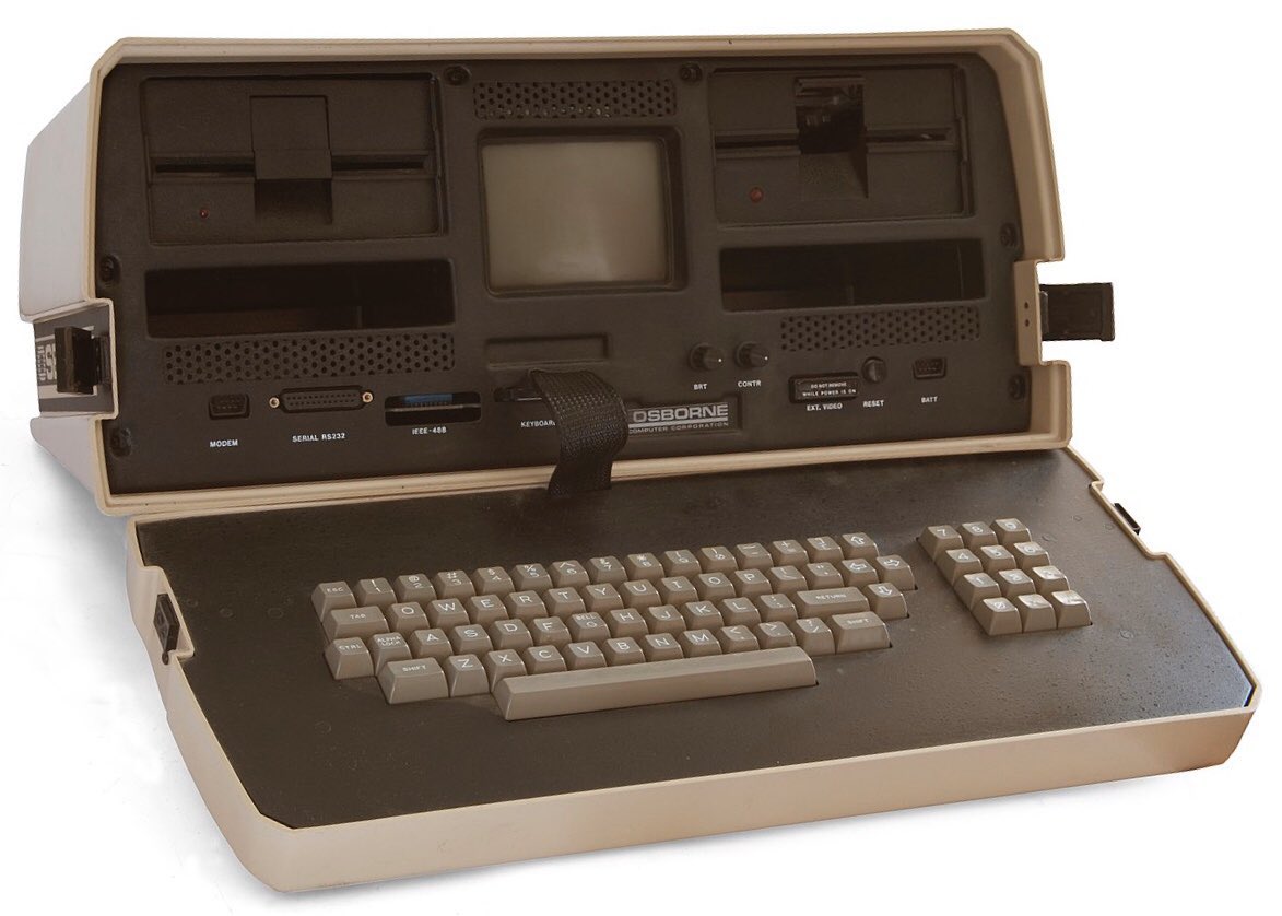 TnoiDoc's tweet photo. Released #OTD April 3, 1981: The Osborne 1, the 1st commercially successful portable microcomputer. Developed by Adam Osborne (1939-2003) and designed by Lee Felsenstein (b: 1945), it was about the size &amp; weight (24.5 lbs) of a sewing machine. Its cost in 1981 was $1,795.00 USD. https://t.co/zJLghs8NND