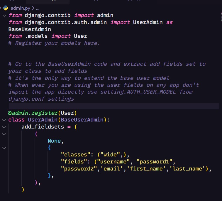 anil_code_808's tweet image. Extending the Base User model
Creating the new model to extend abstract user
using AUTH_USER_MODEl = &apos;appname.user&apos; to make the user data global so that the apps could be independent
using BaseUserAdmin core data add_fieldsets  = [] to add the fieldssets as shown below..
#django