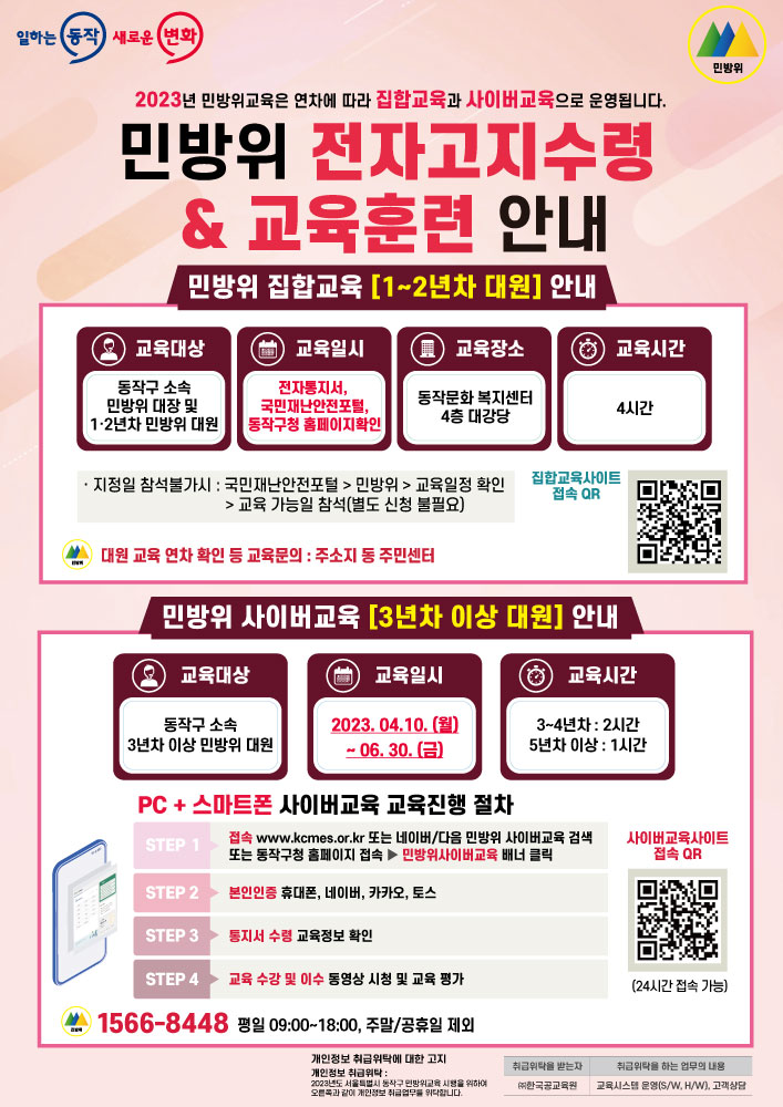 dongjaksarang's tweet image. 달라지는 #민방위교육, 체크하세요❗
&amp;lt;2023년도 민방위교육 -연차별 차별화 실시&amp;gt;

🚩집합교육
✔기간: 4.18.(화)~ 6.28.(수)
✔대상: 1~2년차 민방위대원
✔ ktongji.or.kr

🖥사이버교육
✔기간 : 4.10.(월)~ 6.30.(금)
✔대상: 3년차 이상 대원
✔수강 사이트: kcmes.or.kr