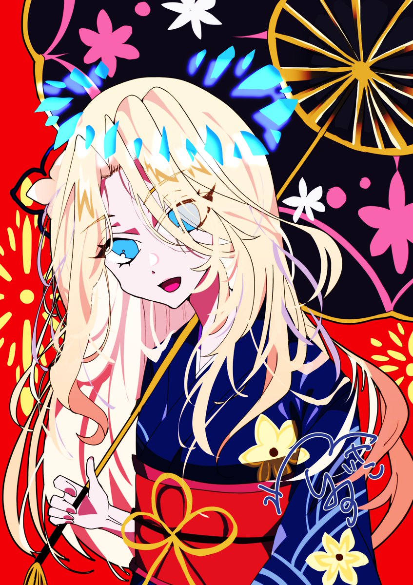 1girl japanese clothes long hair solo blonde hair kimono blue eyes  illustration images