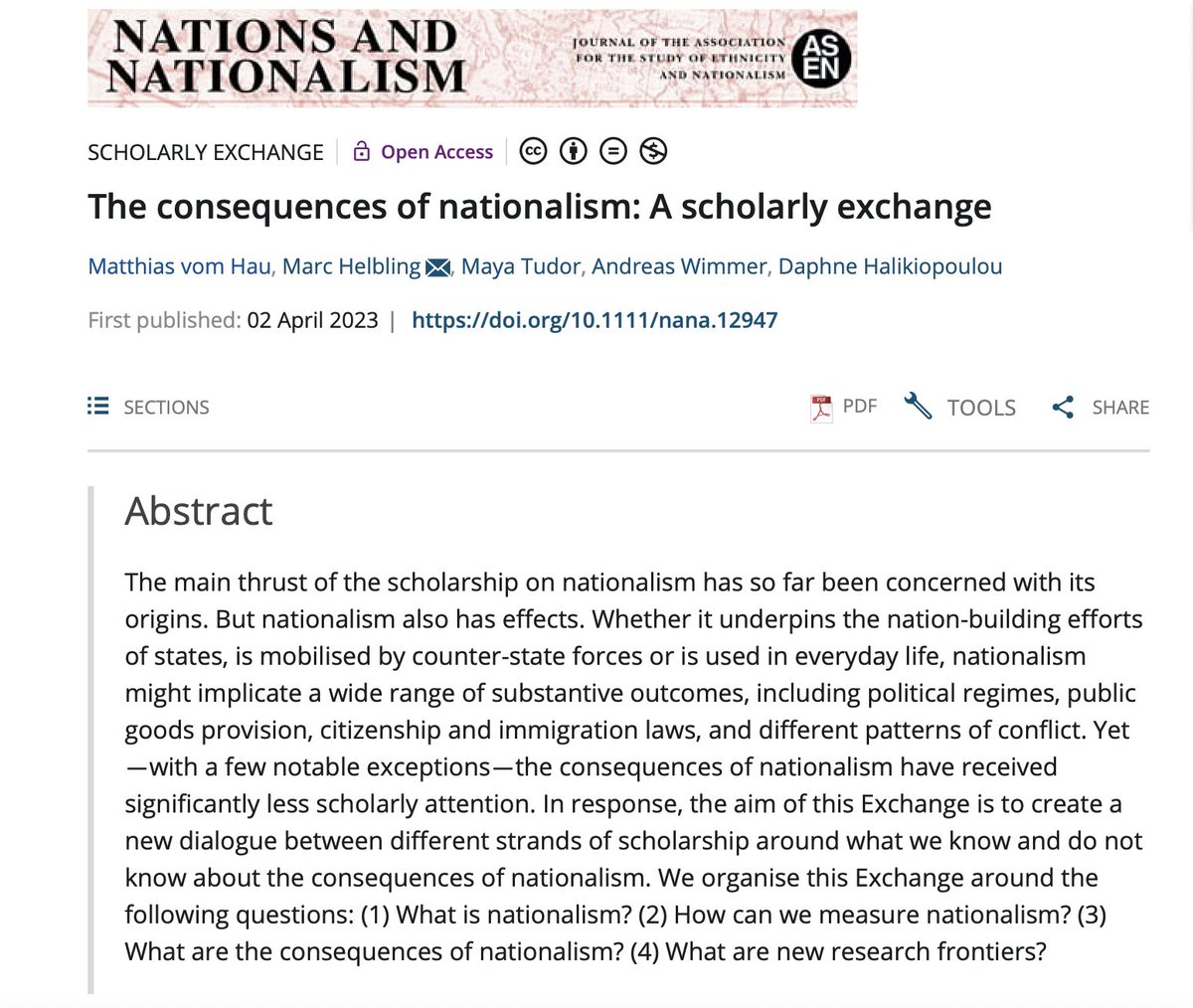 What are the consequences of #nationalism? Our new scholarly exchange with @mvomhau @MayaJTudor, Marc Helbling and Andreas Wimmer is just out in @n_nationalism and available open access