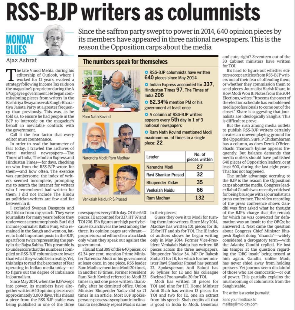 Important reminder by Ajaz Ashraf on how lines between independent columnists and political players is blurring in Indian newspapers.
