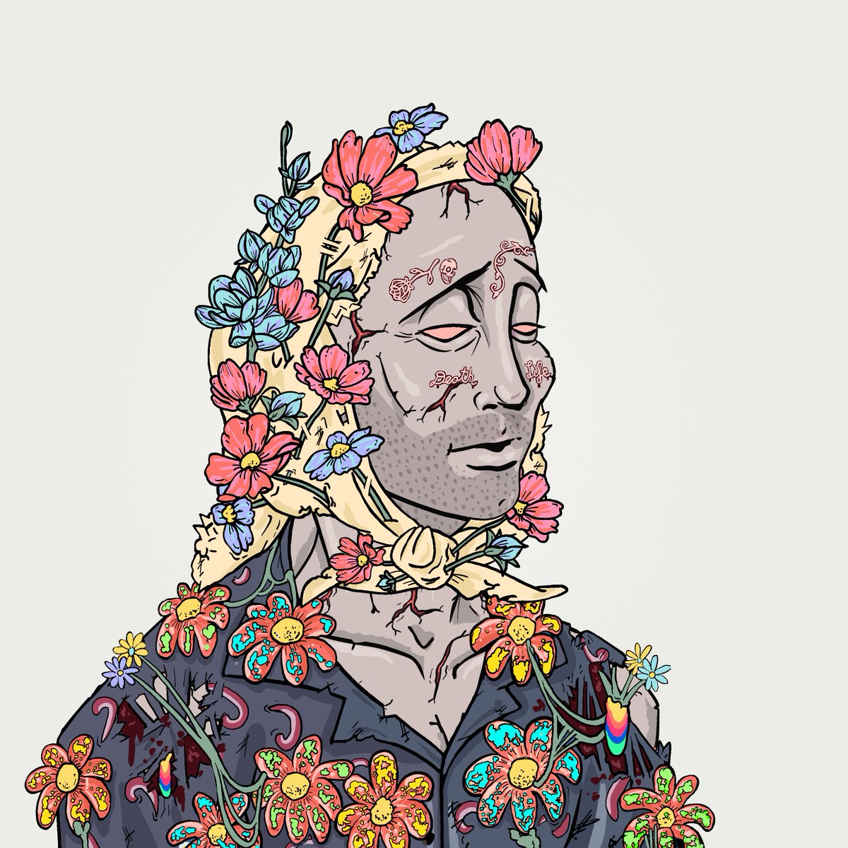daadaa_ali's tweet photo. The flower god, once alive, now dead 💀 
A symbol of the cycle that lies ahead

Its clothes of flowers, still alive and bright 🌸 🌺 
A symbol of hope, a magnificent sight

On its face, tattoos of flower and skull
A reminder that life and death are full 💫 

@DeGodsNFT #DeGods https://t.co/tJ27x7JHee