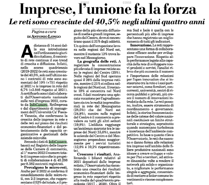infocamere's tweet photo. 🕸️ Reti cresciute di oltre il 40% in 4 anni
📰 "Imprese, l'unione fa la forza" via @ItaliaOggi
🔢 Osservatorio Nazionale 2022 #retidimpresa 👉 https://t.co/jT1kV2sxzV
@RetImpresa @CaFoscari @DeptManagement @w_rizzetto @Fra7russo @EmilianoVerga @tosochris @ghezzi_61 https://t.co/YFc8gN1xoV