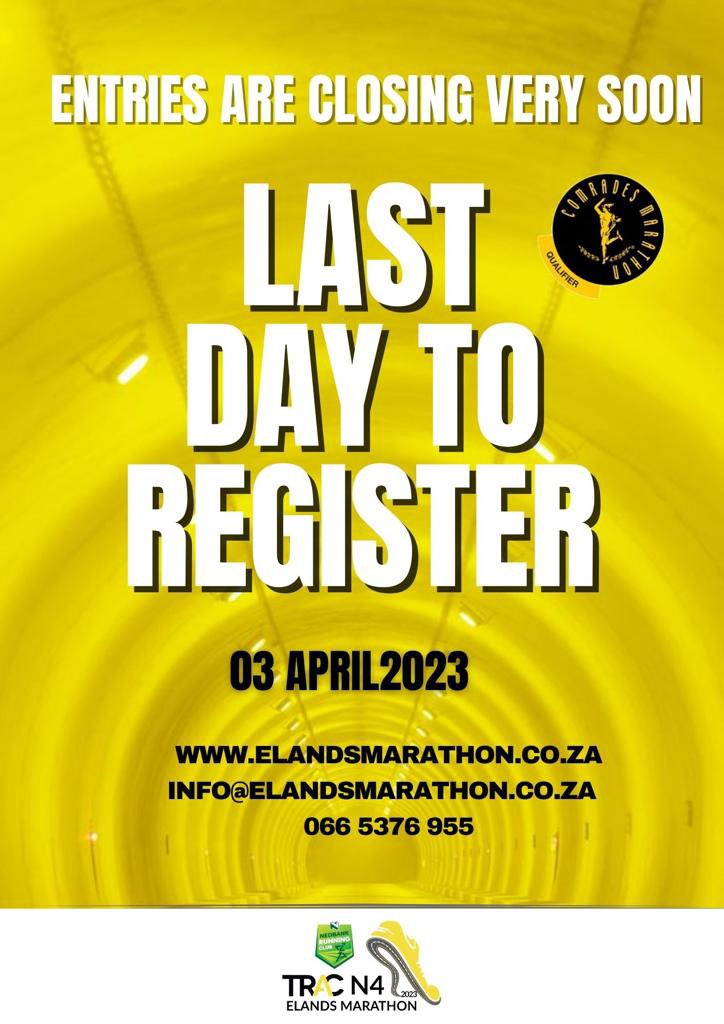 Final day of entries! Hurry up!
@Caltexsa @TRACN4route @TifosiSports @BMW_SA @Nedbank_RC @NedbankL @BESTERNICK  @ThirstiW @ComradesMarathon  #MoreThanAClub #TrapnLos #FetchYourBody2023 #RunningWithTumiSole #IpaintedMyRun #90DaysChallenge #ComradesQualifier