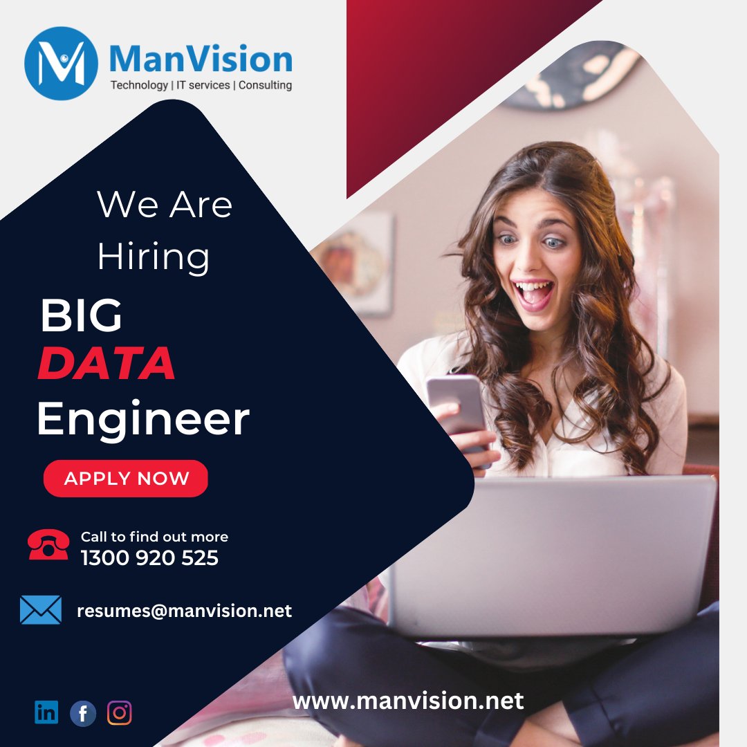 Grab the opportunity now in #Australia location!
#hiring #bigdatadeveloper  #bigdata  #bigdataengineer #australianjobs #manvision #australiajobs #sydneyjobs #melbournejobs

Contact resumes@manvision.net for more info.