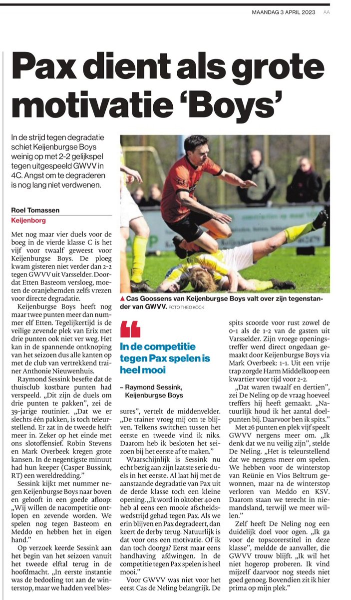 Slechts een punt in de strijd tegen degradatie voor Keijenburgse Boys, dat Pax gebruikt als grote motivatie.