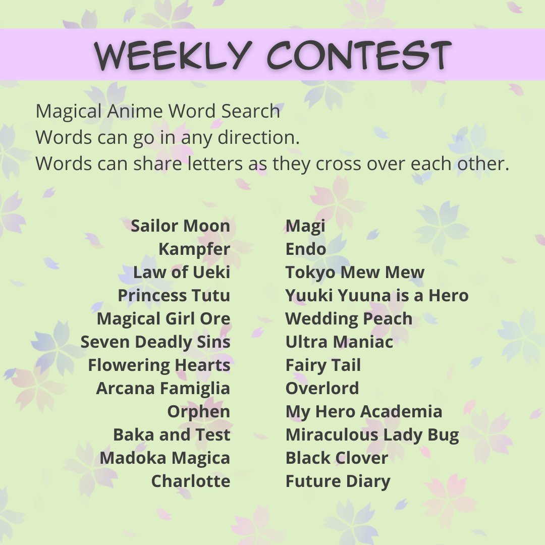 AnimeBanzai's tweet photo. Complete the word search and email your answers to weeklydrawings@animebanzai.org to enter this week's contest for a free pass to Anime Banzai 2023.

#AnimeBanzai #Anime #AnimeCon #UtahAnime #UtahAnimeCon #Contest #Win #Winner #WeeklyDrawing #WinTickets #Tickets #AnimeBanzai2023 https://t.co/FYkrs2Fx5Y